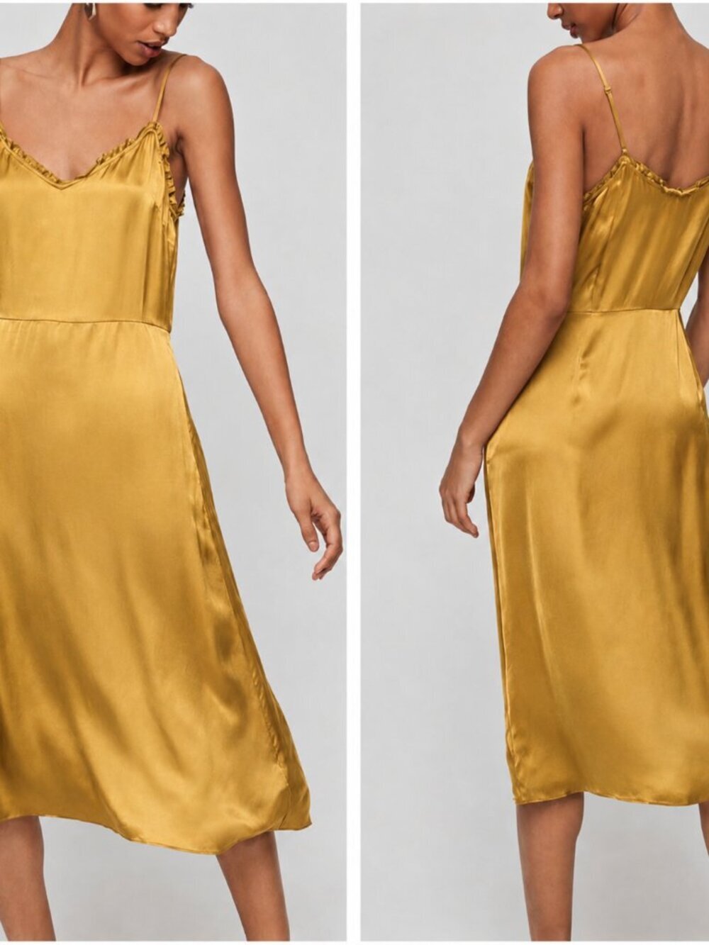 Aritzia Wilfred Mille Slip Midi Dress Ruffle Neckline Cairo Gold Size 00